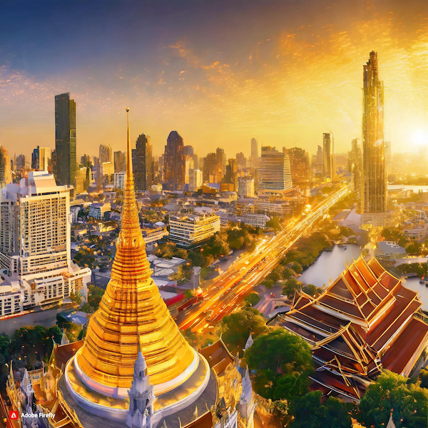 Firefly Scene of a dramatized modern Bangkok city filled with lights and historic landmarks. 96357.jpg